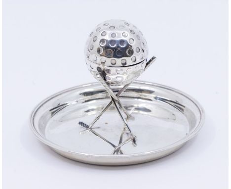 Golf Interest: a George V silver novelty inkwell, golf ball inkwell supported on golf stick tripod, on circular base, hallmar