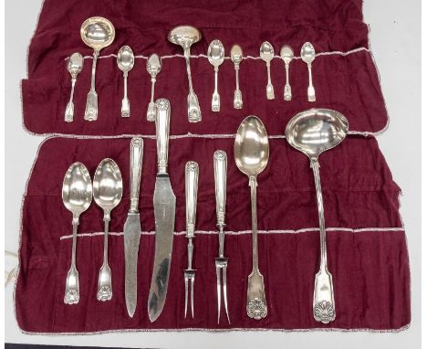 A late 19th & early 20th Century composite silver twelve piece fiddle, thread and shell pattern flatware service comprising: 