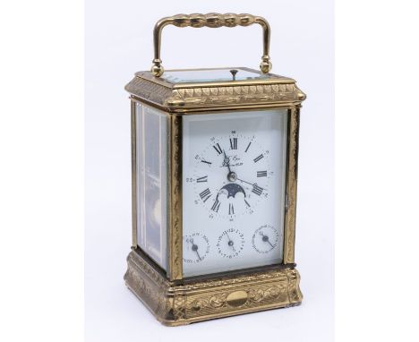L'Epee French carriage clock with repeat. A lovely 11 jewelled example with a porcelain dial showing moon phase, and three su