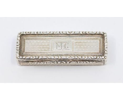 A George IV silver elongated rectangular vinaigrette, foliate raised border with engine turned decoration, central cartouche 