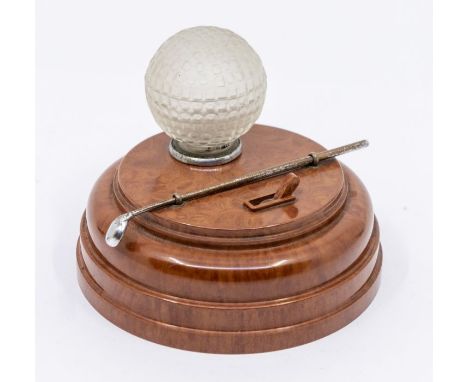 Golf Interest: An early 20th Century novelty desk light by Stesco, with bakelite stand, frosted glass golf ball shade with go