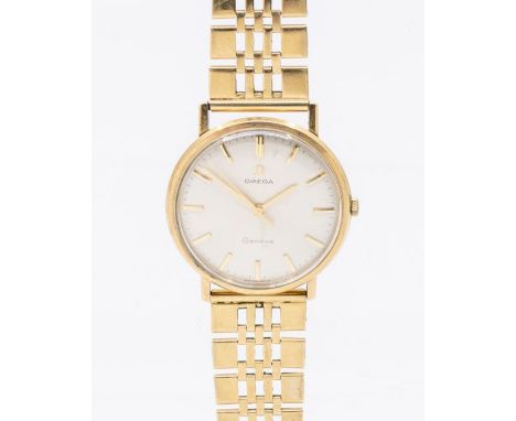 Omega- a gentleman's 9ct gold Omega Geneve wristwatch, comprising a signed round champagne dial with applied gilt baton marke