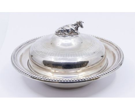 A Victorian silver butter dish and cover, circular body with beaded border, the domed cover engraved with Greek Key border su