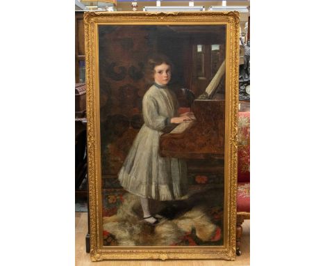 English School (mid 19th Century)Portrait of a girl playing marquetry piano with ornately carved panel interior, animal rug a
