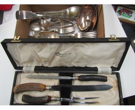 A quantity of crested plated cutlery, a soup ladle and similar pieces. A mid-20th Century Rodgers carving set (cased)