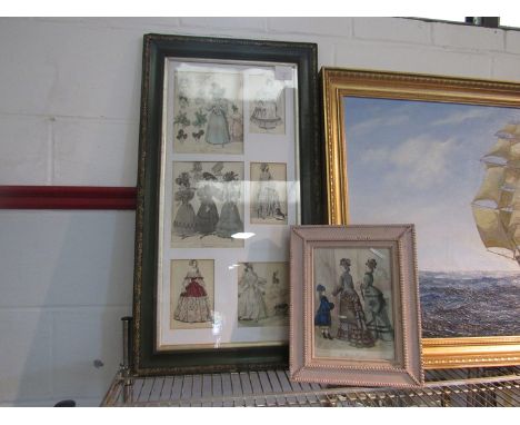Two French fashion print displays, one six images framed as one   