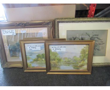 A box containing assorted pictures and prints including Moorland scene by Ruben Southley print, pair of framed and glazed bot
