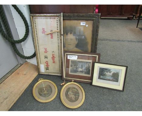 Six assorted pictures and prints including a pair of oval gilt framed prints, a late 19th Century sampler and black and white