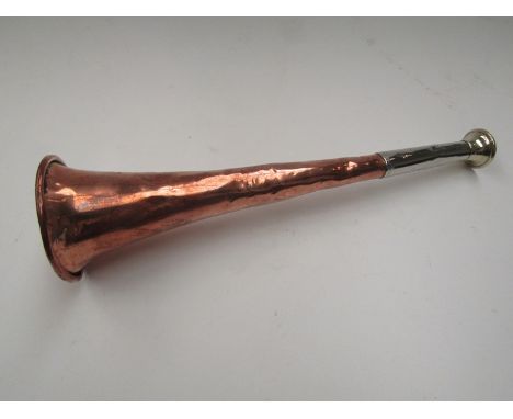 An early 20th Century brass and silver plated hunting horn by Kohler and Son of London, 23cm long, 5.5cm horn diameter
