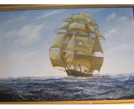 An oil on canvas of boat at full sail, signed Gerald. R. Davies '80, 58cm x 80cm