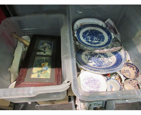 Three boxes of mixed including blue and white plates, cups and saucers etc