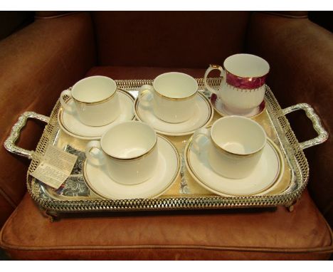 Three plated serving trays (2 with glass/ceramic inserts) a Doulton figurine, Doulton cups and saucers   