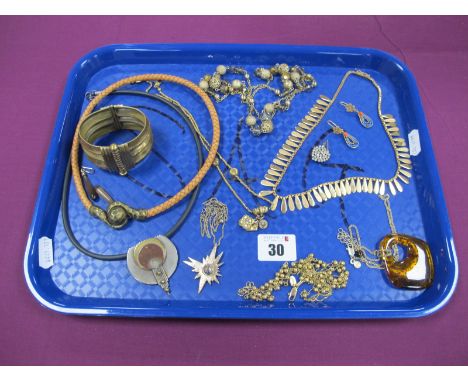 Stylish Fringe Style Necklace, on box link chain, wide hinged bangle, decorative gilt filigree drop earrings, necklaces, vint