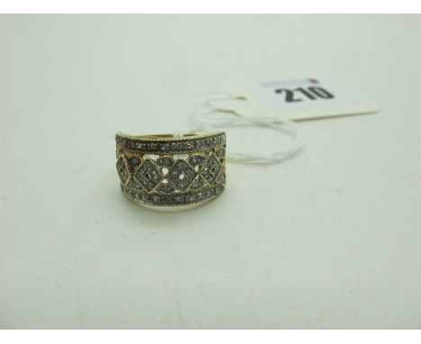 A Modern 9ct Gold Diamond Set Wide Dress Ring, (finger size O) (3grams). 