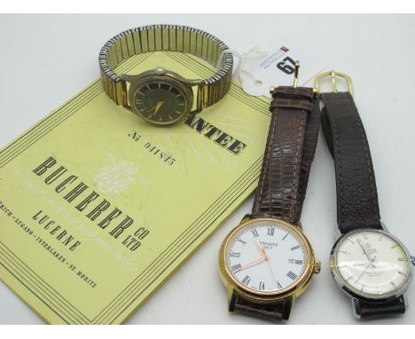Bucherer; A Vintage 'Boys Size' Automatic Gent's Wristwatch, the signed black dial with arrow markers and centre seconds, the