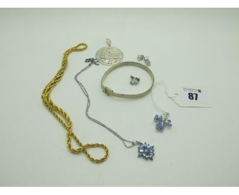 A Modern 9ct White Gold Cluster Pendant, of flowerhead design; Together with modern "925" pendant on a fine chain, a gilt gra