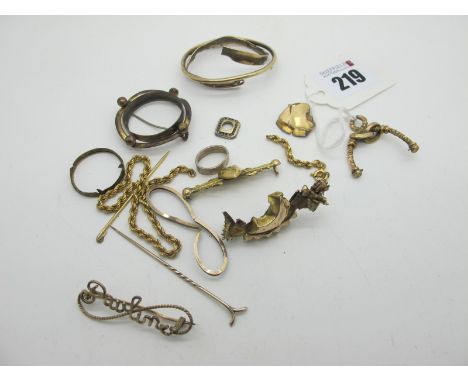 A 9ct Gold Bar Brooch, (lacking pin), a swivel fob mount (lacking fob), brooch mounts (damages / incomplete), 'Pauline' brooc