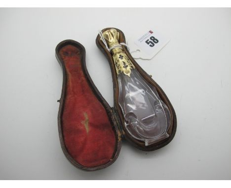 A XIX Century Dutch Glass Scent Bottle, of shaped tapering form, with pierced mount (bearing Dutch oak leaf gold mark) and sh