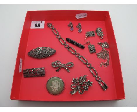 Vintage and Later Marcasite Set Brooches, openwork bracelet, decorative earrings, green and white Wedgwood Jasperware brooch,