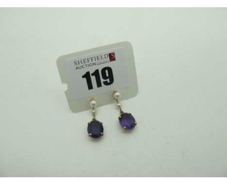 A Pair of 9ct Gold Amethyst Single Stone Drop Earrings, with pearl highlights. 