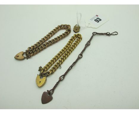 Curb Link Bracelets, one with Rolled Gold heart shape padlock style clasp, etc. 