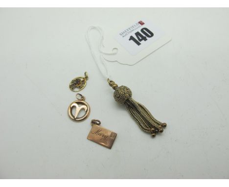 Novelty Vintage 'Mary' Envelope Charm Pendant, together with a tassel pendant, a small enamel pendant detailed with a chimney