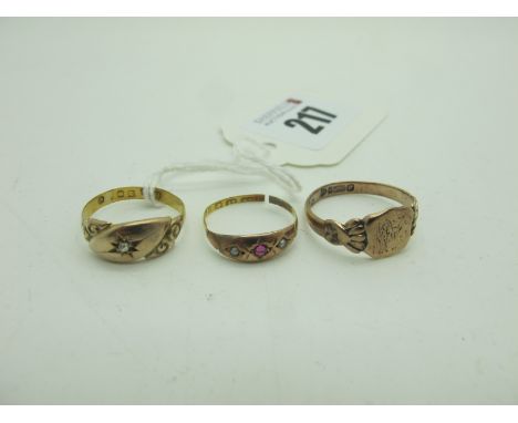 A Chester Hallmarked 9ct Gold Signet Style Ring, initialled; together with a Victorian ring and another (shank split). (3) 