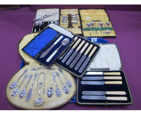 Hallmarked Silver and Other Cutlery, including decorative afternoon tea set including sifter spoon, sugar tomgs, butter knife