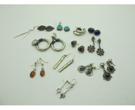 A Collection of Assorted Modern "925" and Other Earrings, including green and blue enamel hoop earrings (one post missing), f