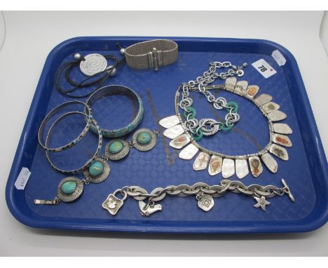 A Ruskin Style Panel Bracelet, with inset ceramic highlights, decorative enamel bangles (one indistinctly stamped), necklaces