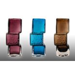 Whitefriars - Geoffrey Baxter: Three Textured Range Drunken Bricklayer Glass Vases, in aubergine,