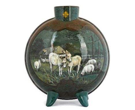 Hannah Bolton Barlow (1851-1916): A Doulton Lambeth Faience Moon Flask, painted with donkeys and sheep, below a pair of phoen