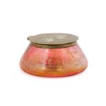 An Art Nouveau Austrian Iridescent Glass Jar and Cover, the brass and white metal hinged cover