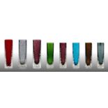 Whitefriars - Geoffrey Baxter: A Group of Eight Textured Nailhead Glass Vases, in ruby, kingfisher