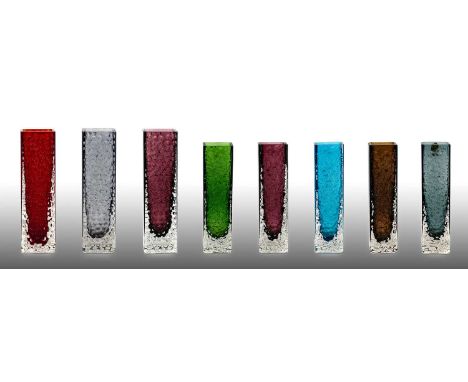 Whitefriars - Geoffrey Baxter: A Group of Eight Textured Nailhead Glass Vases, in ruby, kingfisher blue, meadow green, auberg