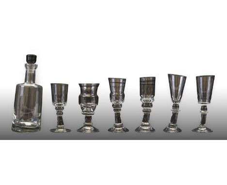 Zdenek Furbacher (Czechoslovakian): after a design by Pablo Picasso: A Crystalex Glass Carafe and Six Matching Glasses, circa