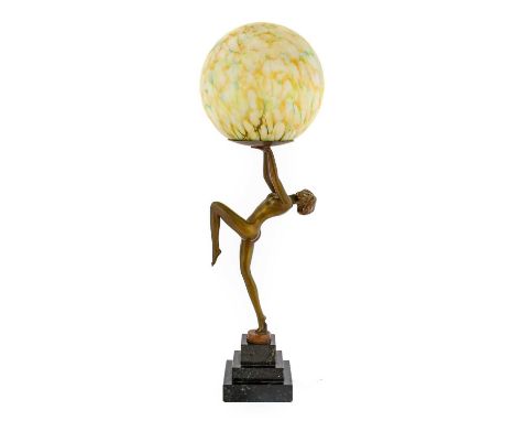 An Art Deco Spelter Figural Table Lamp, modelled as a nude young woman with one knee bent and on tiptoes, with arms outstretc