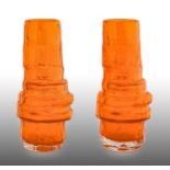 Whitefriars - Geoffrey Baxter: A Pair of Textured Range Hoop Glass Vases, in tangerine, pattern