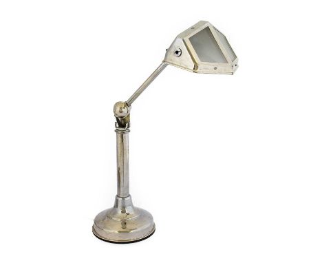 A 1930s Art Deco French Pirouette Chrome Plated and Frosted Glass Desk Table Lamp, adjustable height and inclination, bayonet