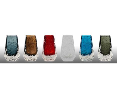 Whitefriars - Geoffrey Baxter: Six Textured Range Coffin Glass Vases, in pewter, cinnamon, willow, kingfisher blue, ruby and 