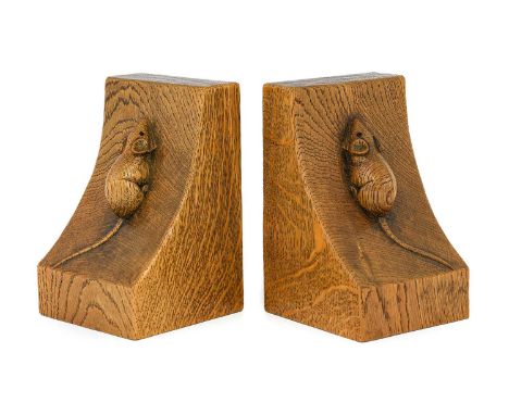 Workshop of Robert Mouseman Thompson (Kilburn): A Pair of English Oak Single Mouse Bookends, post 1960's, each with carved mo