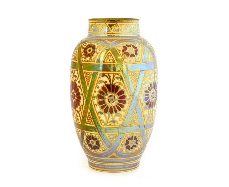 A Pilkington's Royal Lancastrian Lustre Vase, decorated by William S Mycock, with repeating foliage within a gold strap work,