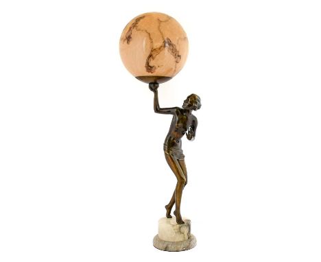 An Art Deco Patinated Spelter Figural Table Lamp, modelled as a semi-nude young woman, on tiptoes, with her right arm outstre