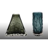 Whitefriars - Geoffrey Baxter: A Textured Range Triangular and Cylindrical Bark Glass Vases, in