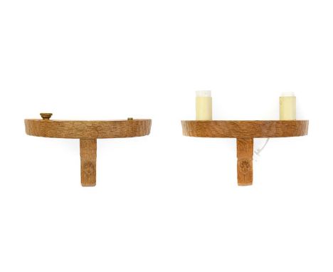 Workshop of Robert Mouseman Thompson (Kilburn): Two English Oak Double Wall Light Brackets, semi-circular with two upward fac