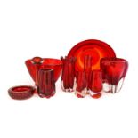 Whitefriars - A Ribbon-Trailed Glass Bowl, in ruby, pattern 9031, 28cm diameter; and Nine Other