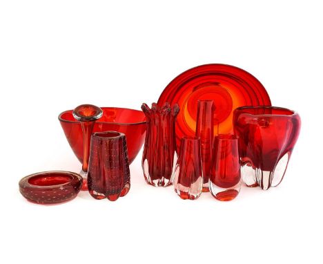 Whitefriars - A Ribbon-Trailed Glass Bowl, in ruby, pattern 9031, 28cm diameter; and Nine Other Pieces (10)