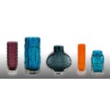 Whitefriars - Geoffrey Baxter: A Textured Range Sunburst Glass Vases, in pewter, pattern 9676,