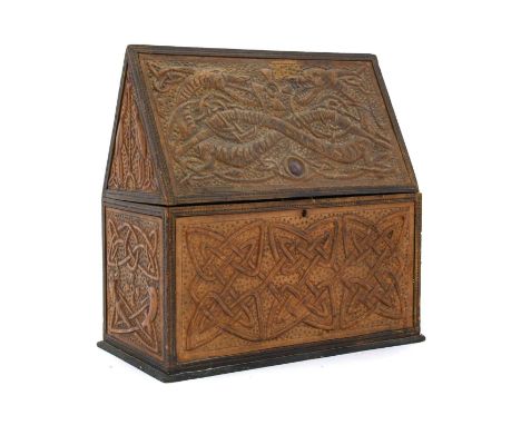 An Arts &amp; Crafts Embossed Leather Stationary Box, of rectangular form with hinged pitched lid, inset with two Ruskin cabo