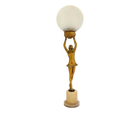 An Art Deco Gilt Spelter Figural Table Lamp, modelled as a young woman wearing a headdress and one piece, on tiptoes, with ar